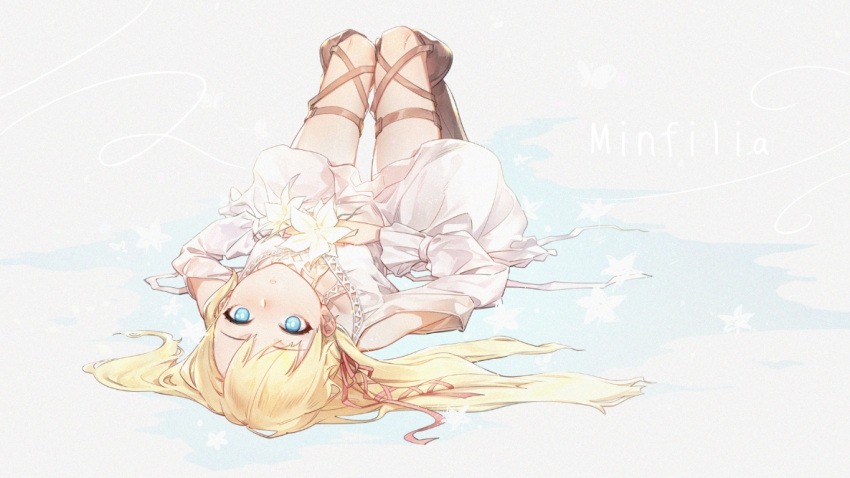1girl, bare_shoulders, blonde_hair, blue_eyes, character_name, commentary_request, crow0cc, dress