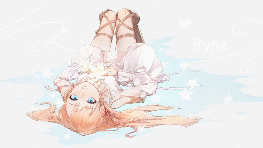 1girl, bare_shoulders, blue_eyes, character_name, commentary_request, crow0cc, dress, eyebrows_visible_through_hair