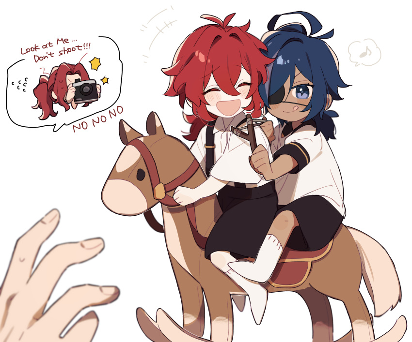 3boys, :q, absurdres, antenna_hair, bangs, black_shorts, blue_eyes, blue_hair
