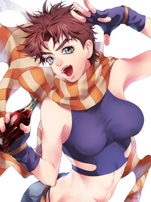 1girl, bare_shoulders, battle_tendency, blue_eyes, bottle, breasts, brown_hair, cola