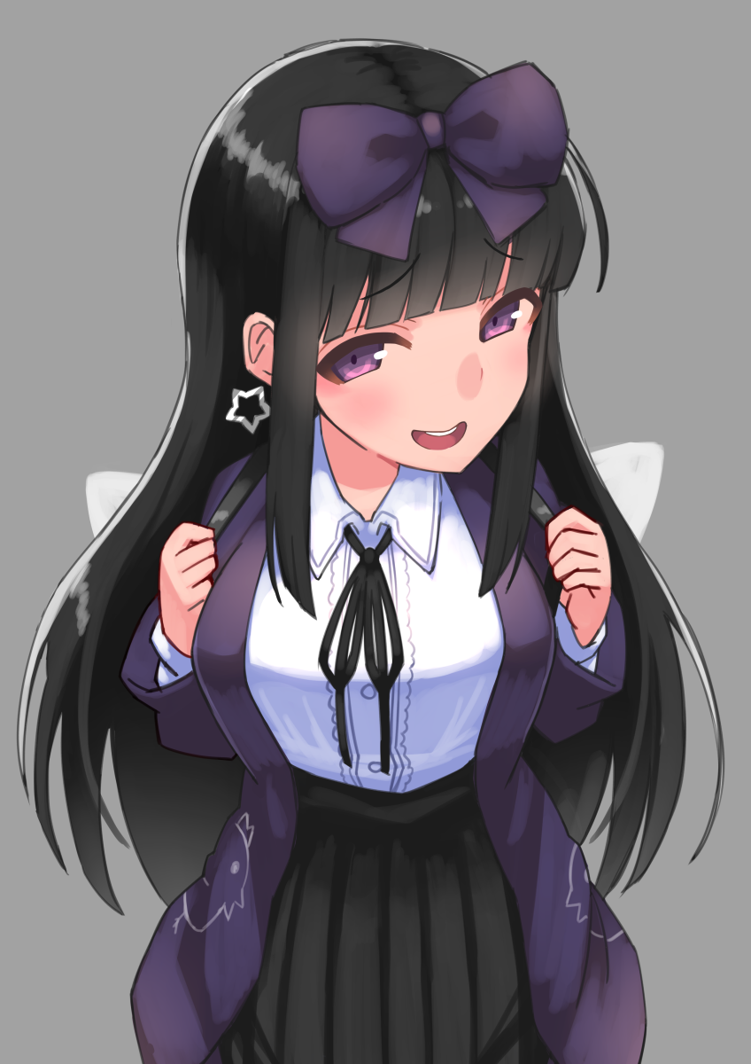 1girl, bangs, black_hair, black_ribbon, black_skirt, blunt_bangs, blush, bow