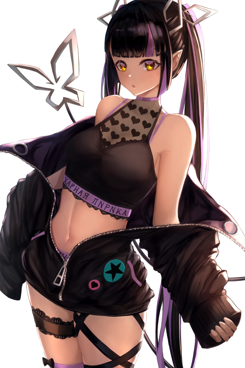 1girl, absurdres, bangs, black_hair, black_jacket, black_ribbon, black_shirt, blunt_bangs