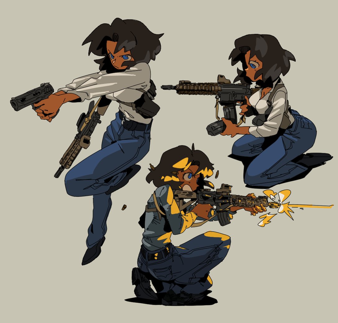 assault_rifle, belt, blue_eyes, breasts, dark_skin, english_commentary, evilstaplers, firing, furrowed_brow, gun, gunsmith_cats, handgun, holster, kneeling, long_sleeves, magazine_(weapon), medium_breasts, muzzle_flash, pants, pistol, rally_vincent, reloading, rifle, shirt, shoulder_holster, simple_background, trigger_discipline, weapon, weapon_request