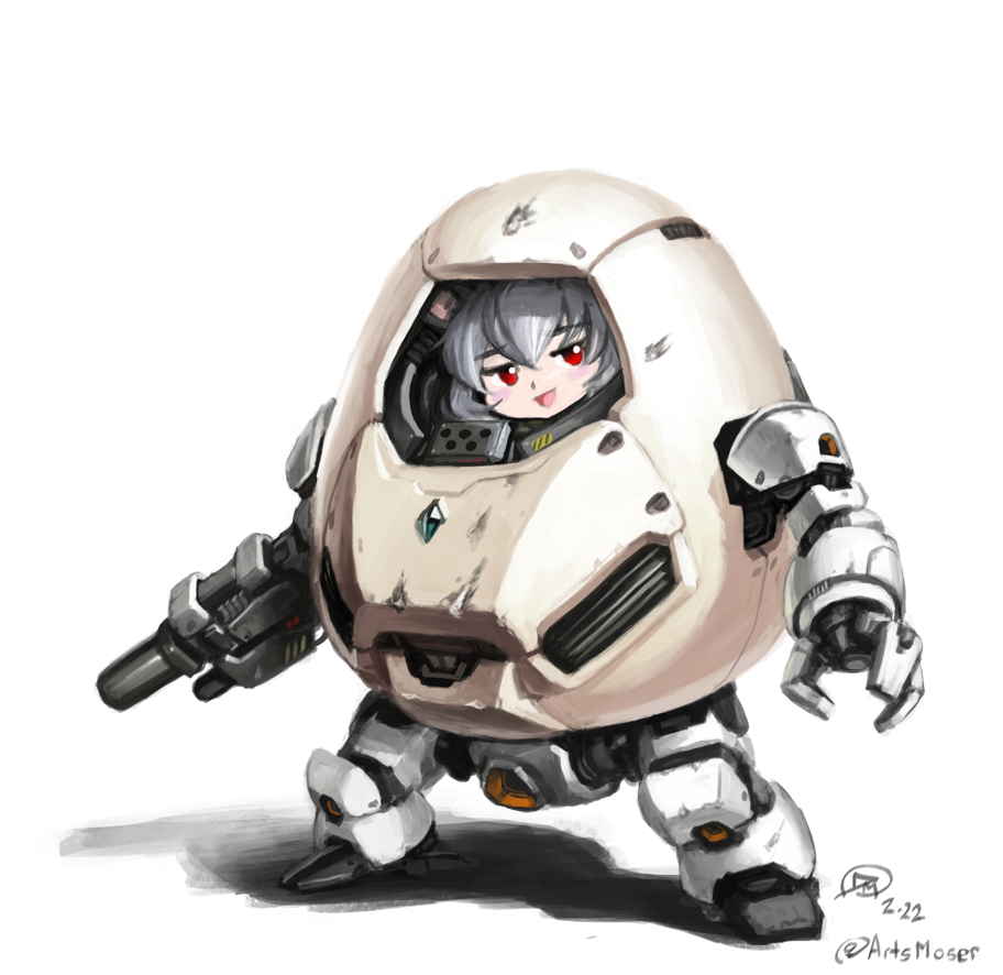 1girl, bangs, blush, boogwerks, commentary, cookie_(touhou), dated, egg, english_commentary, eyebrows_visible_through_hair, full_body, grey_hair, looking_at_viewer, mecha, mechanization, nazrin, nyon_(cookie), open_mouth, red_eyes, robot, short_hair, simple_background, smile, solo, standing, touhou, twitter_username, white_background