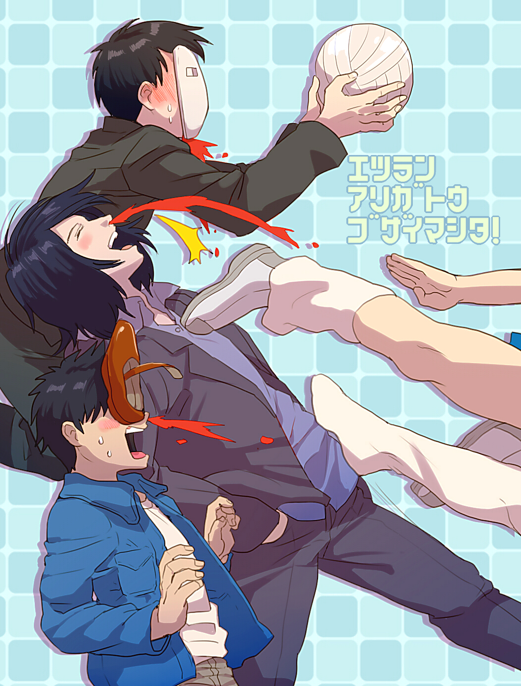 3boys, 81diver, air_master, black_hair, bleeding, blood, blue_hair, highres, julietta_sakamoto, kicking, long_hair, mask, multiple_boys, out_of_frame, shoes, short_hair, sugata_kentaro, t_k_g, tani, tanikamen