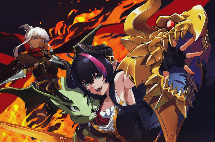 2girls, black_hair, dark_elf, dark_skin, dnf_duel, dragon, dragon_knight_(dungeon_and_fighter), dual_wielding