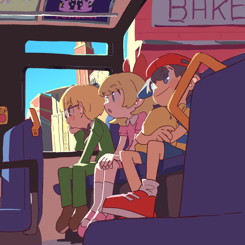 1girl, 2boys, :o, backpack, bag, bangs, baseball_cap, black_hair