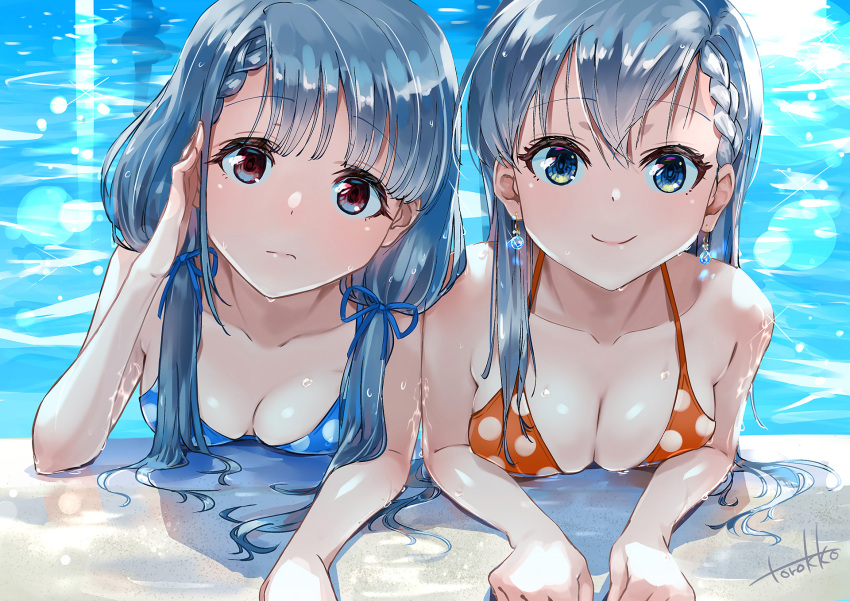 2girls, arm_support, bangs, bikini, braid, braided_bangs, breast_press, day