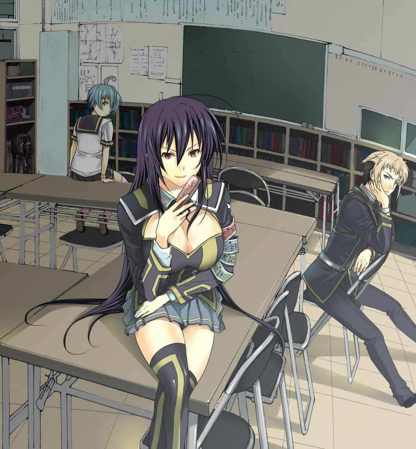 ahoge, armband, breasts, brown_hair, classroom, cleavage, crossed_legs, green_hair