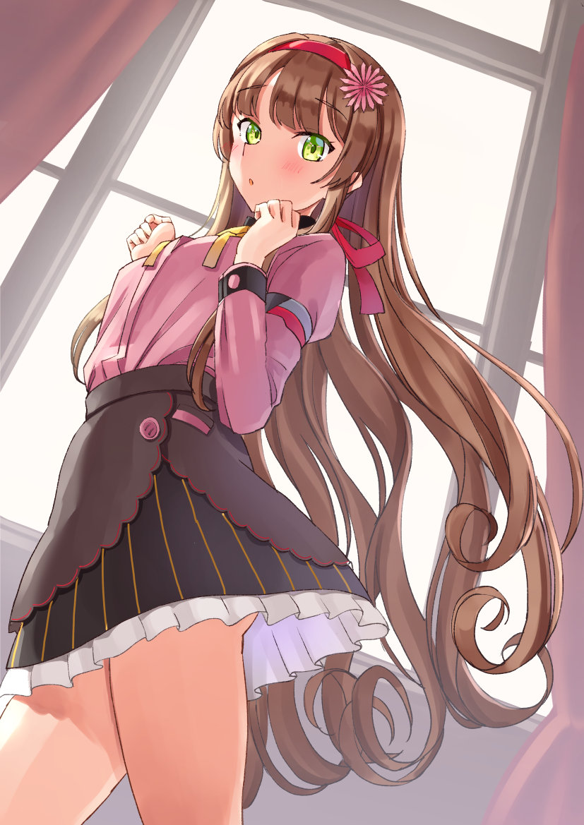 1girl, black_skirt, brown_hair, commentary_request, cowboy_shot, flower, from_behind, green_eyes