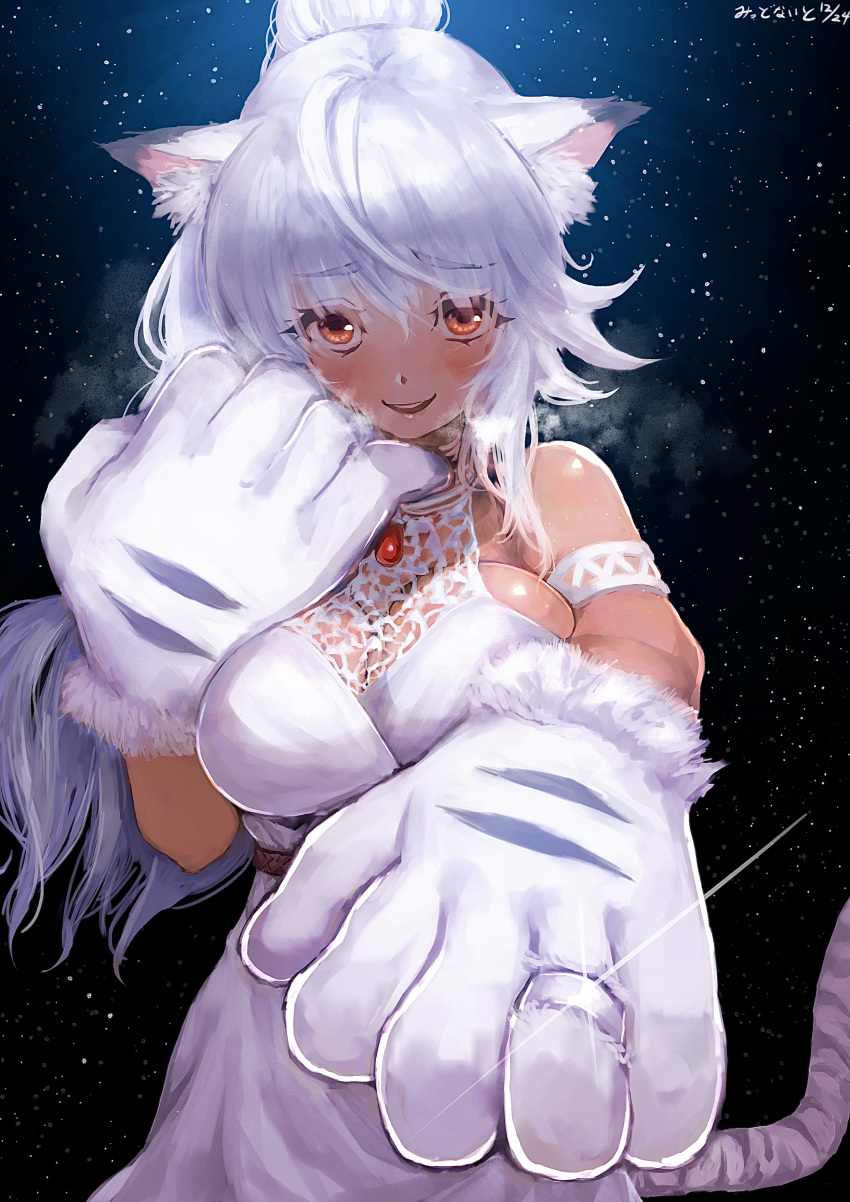 1girl, absurdres, animal_ear_fluff, animal_hands, arm_strap, bangs, bare_shoulders, breasts