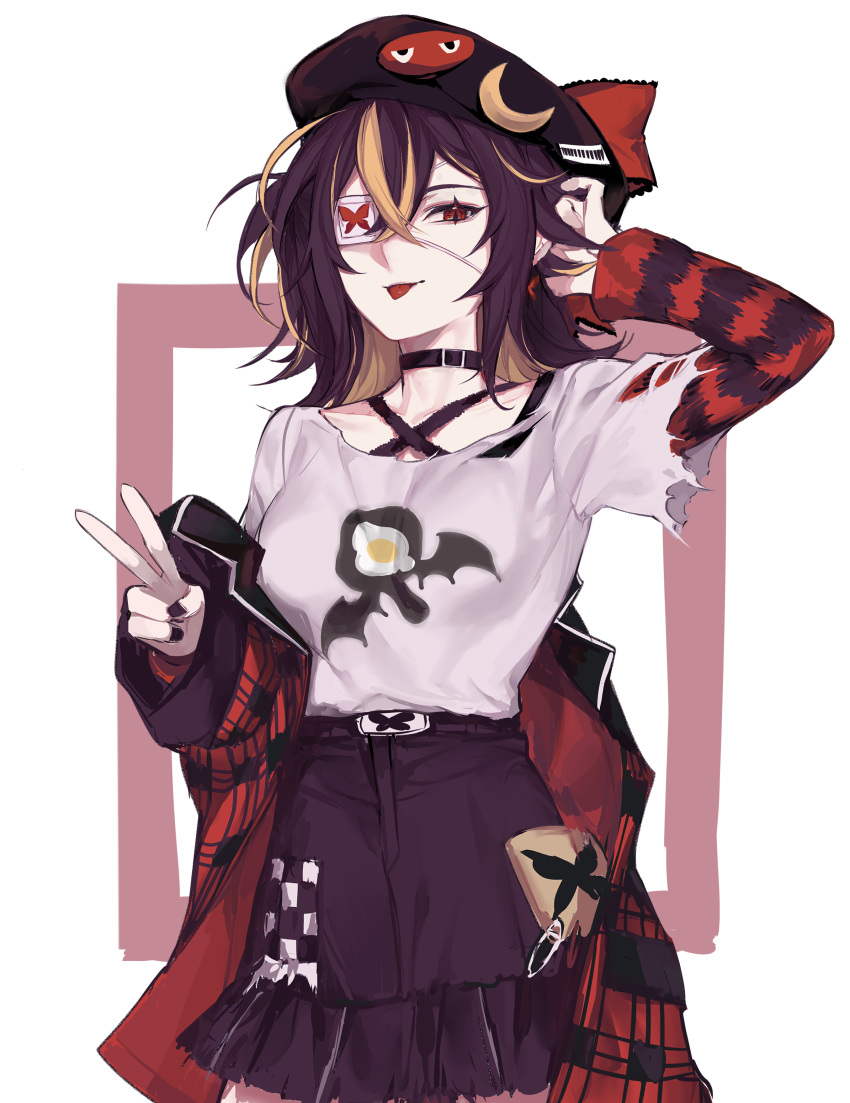 3di_project, absurdres, black_hair, black_skirt, blonde_hair, breasts, celene_(3di), choker, chuunibyou, eyepatch, highres, medical_eyepatch, medium_breasts, messy_hair, miniskirt, multicolored_hair, red_eyes, skirt, tongue, tongue_out, torn_clothes, two-tone_hair, v, virtual_youtuber, yand_(gyoza2703)