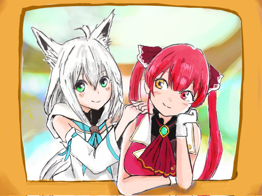 2girls, animal_ear_fluff, animal_ears, asamiamakusa, ascot, bangs, blue_neckerchief, blush, braid, commentary_request, detached_sleeves, eyebrows_visible_through_hair, fox_ears, fox_girl, gloves, green_eyes, hair_between_eyes, hands_on_another's_shoulders, head_rest, heterochromia, highres, hololive, hood, hoodie, houshou_marine, long_hair, looking_at_viewer, multiple_girls, neckerchief, red_ascot, red_eyes, red_shirt, redhead, shirakami_fubuki, shirt, sidelocks, single_braid, sleeveless, sleeveless_shirt, smile, twintails, virtual_youtuber, white_gloves, white_hair, white_hoodie, yellow_eyes