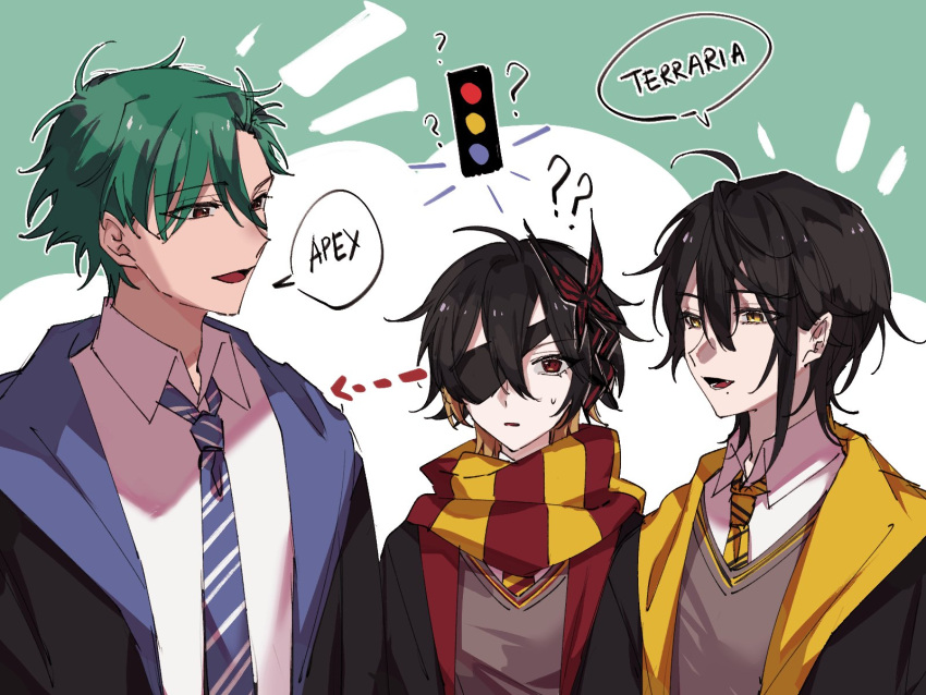 3di_project, black_hair, blonde_hair, celene_(3di), collared_shirt, eyepatch, green_hair, highres