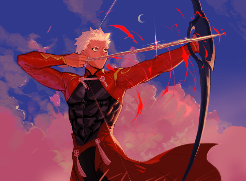 1boy, absurdres, archer_(fate), armor, arrow_(projectile), baragi, bow_(weapon), clouds