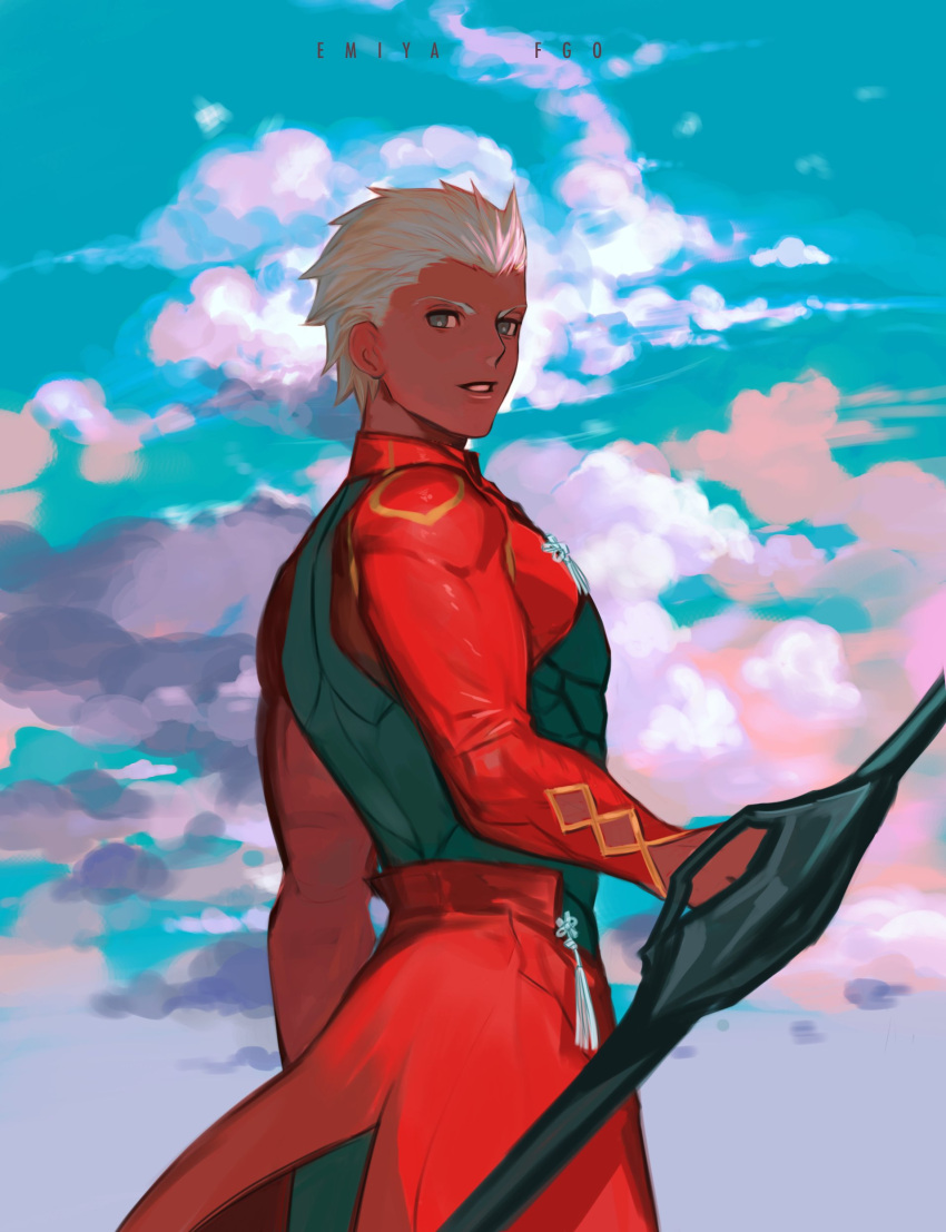 1boy, absurdres, archer_(fate), armor, background_text, baragi, bow_(weapon), clouds