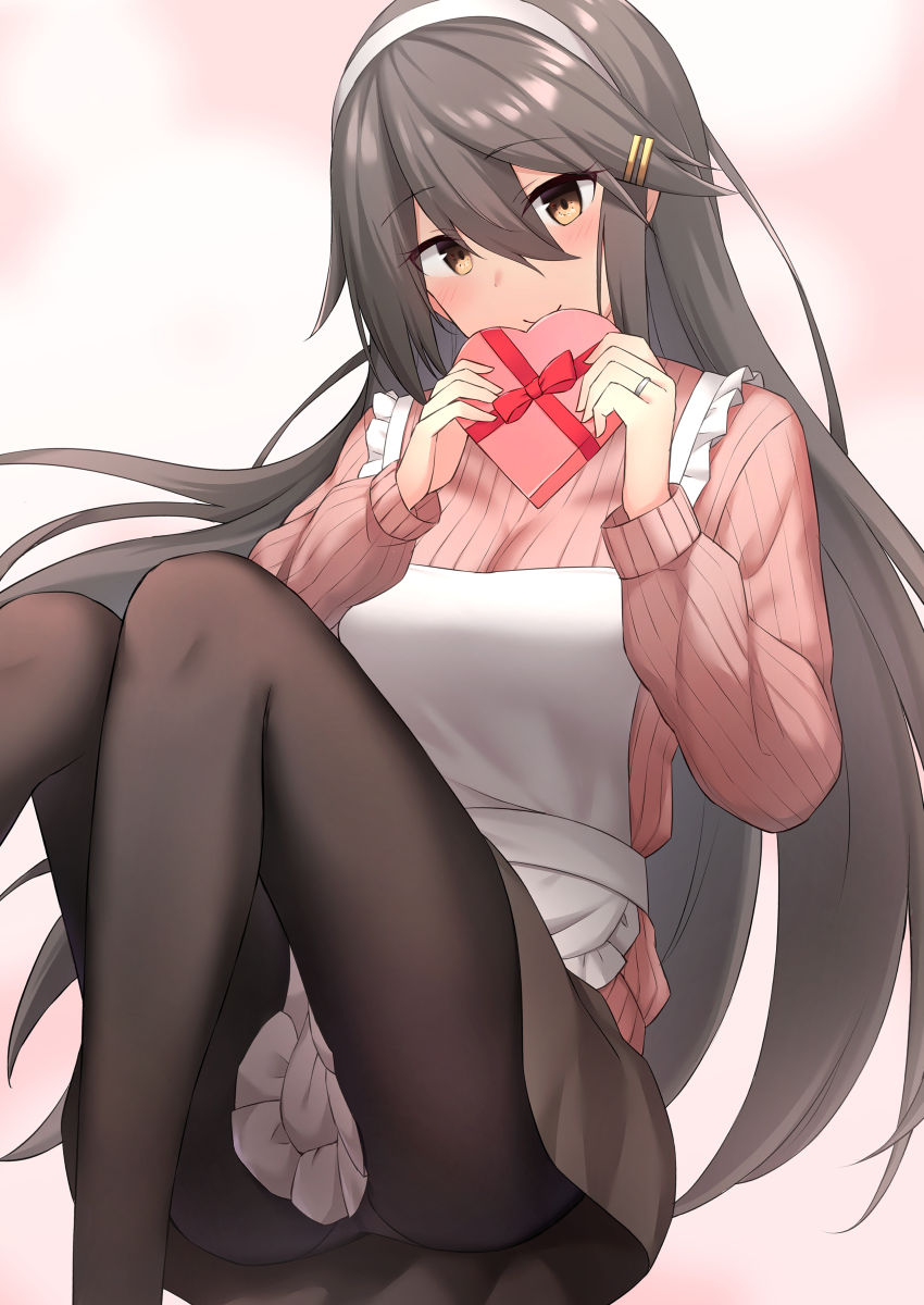 1girl, akahi242, apron, black_hair, black_legwear, black_skirt, blush, box
