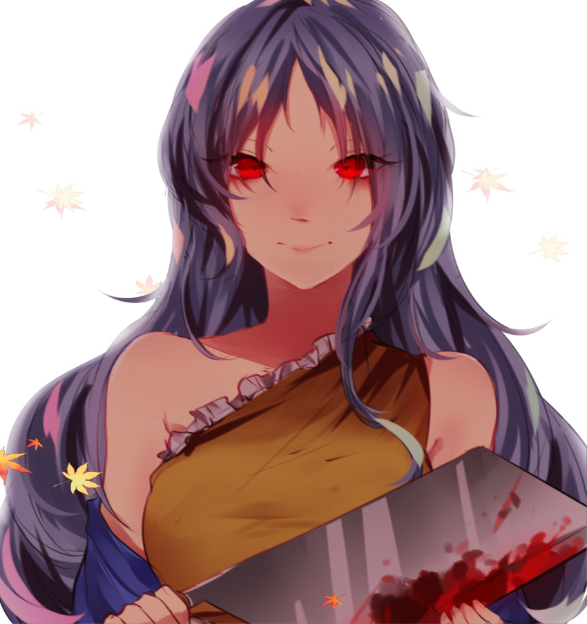 1girl, autumn_leaves, bangs, bare_shoulders, blood, blood_on_weapon, breasts, closed_mouth