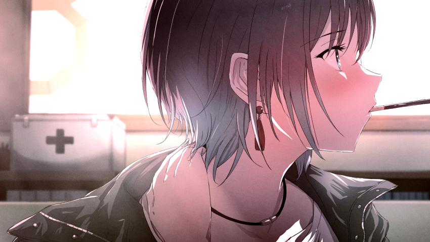 1girl, absurdres, asakura_tooru, blush, commentary_request, earrings, food, hand_on_own_neck