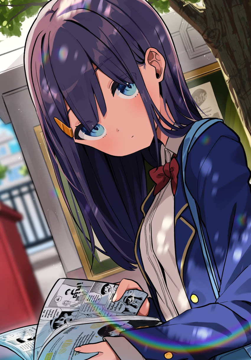 1girl, bangs, blue_eyes, blue_jacket, blurry, blurry_background, blush, bow