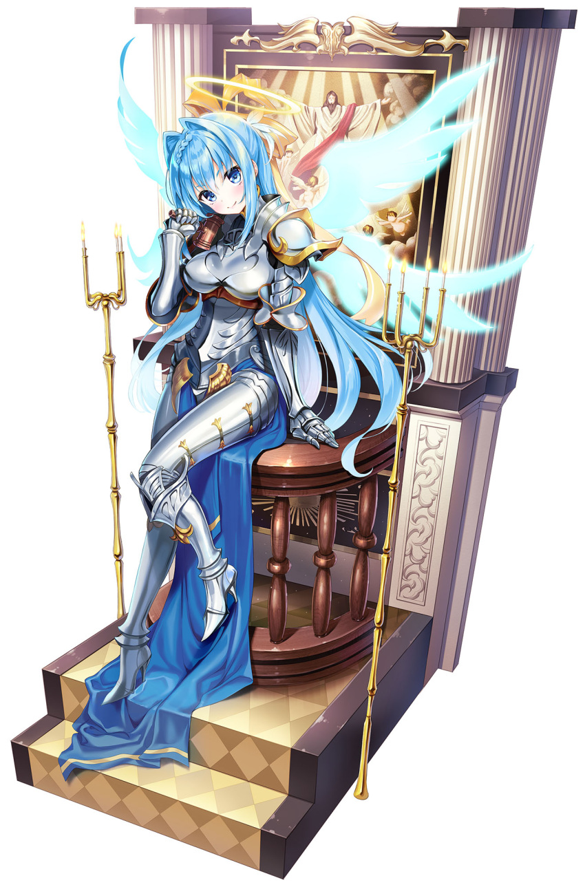 1girl, armor, armored_boots, bangs, blue_eyes, blue_hair, blue_wings, blush