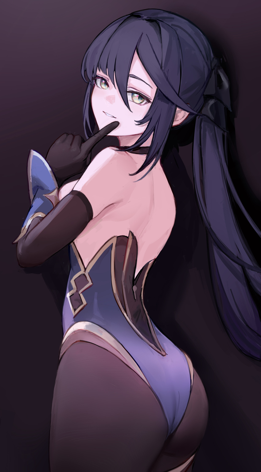 1girl, absurdres, ass, back, bangs, bare_shoulders, black_background, black_choker