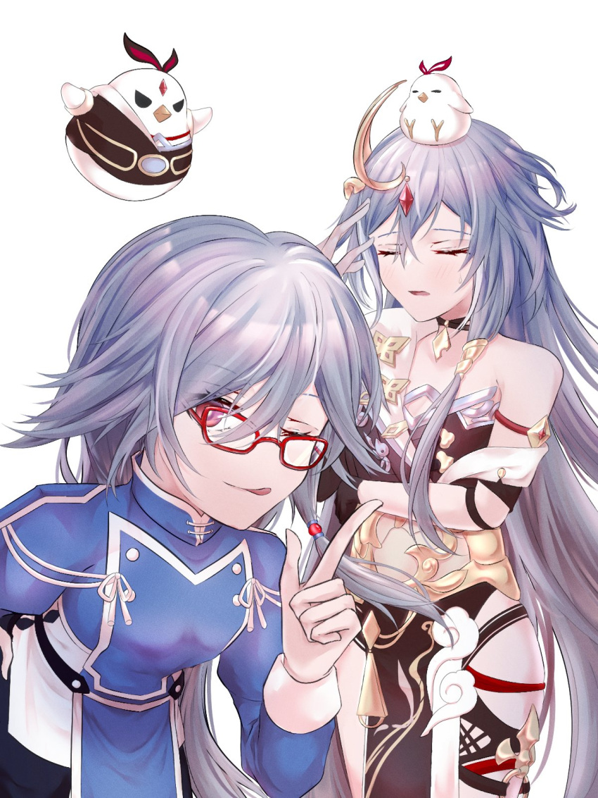 2girls, :d, bangs, bird, black_choker, black_hair, chicken, chinese_clothes