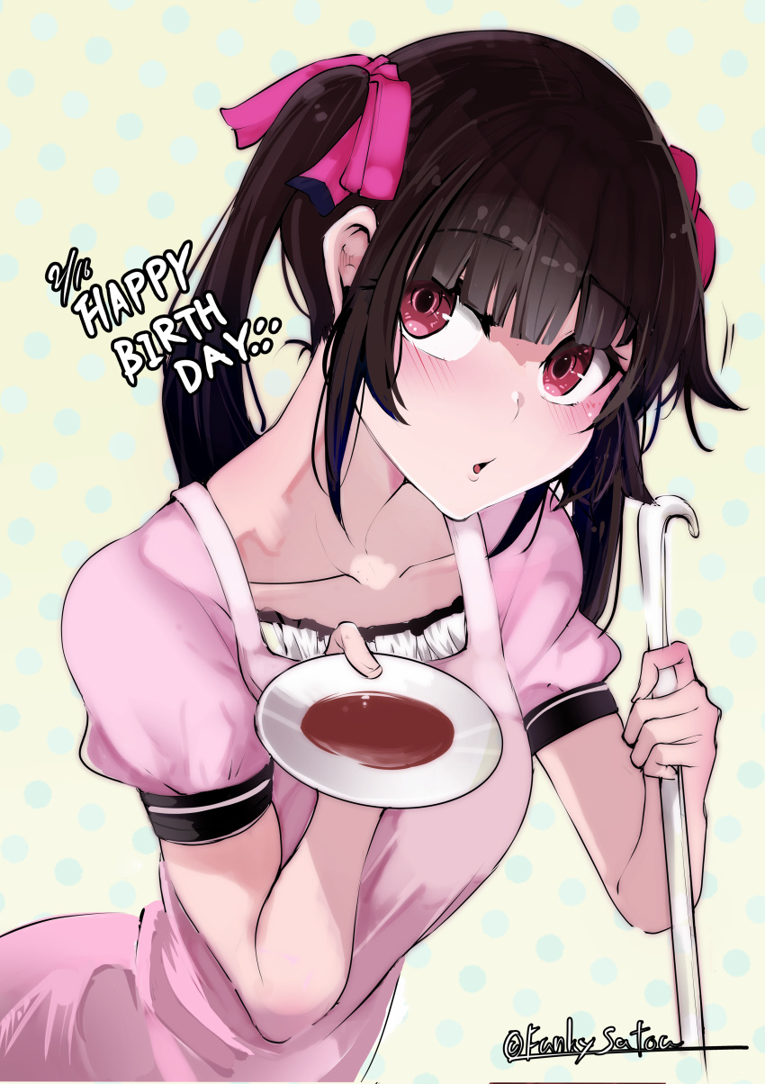 1girl, absurdres, apron, black_hair, blush, breasts, eyebrows_visible_through_hair, funkysatou
