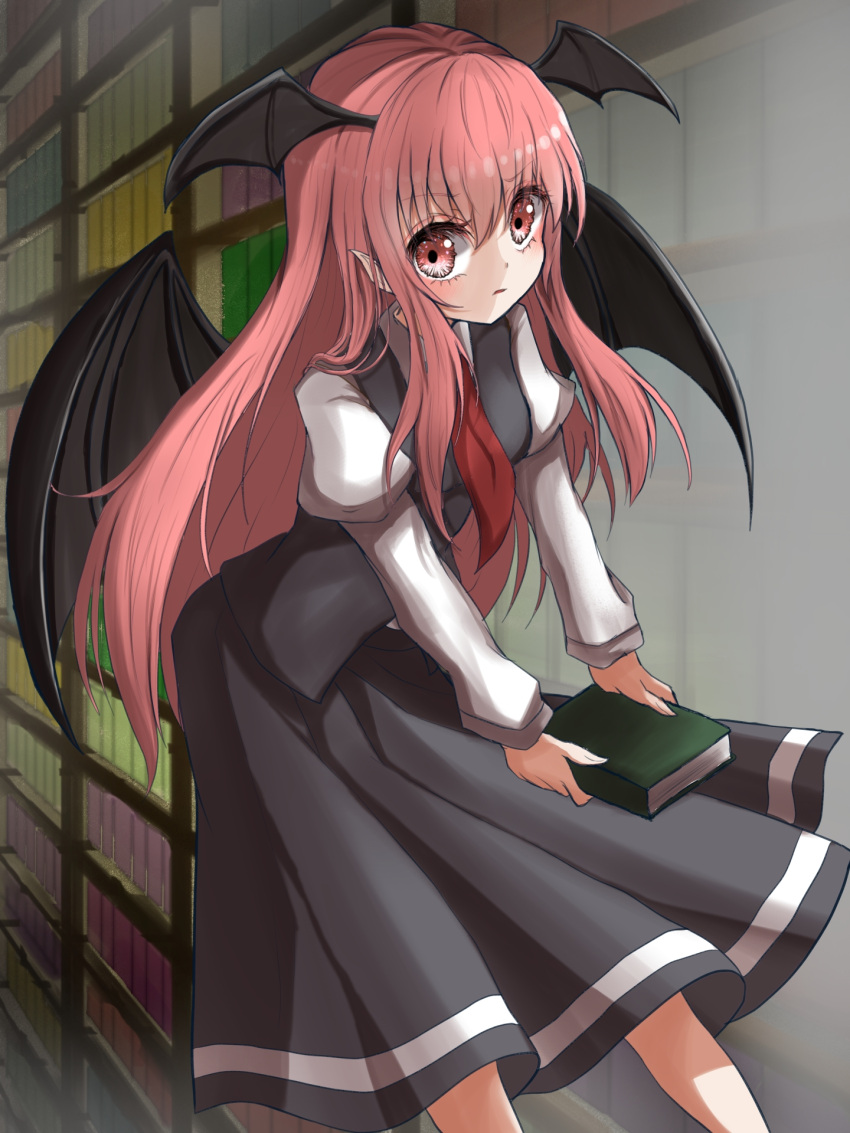 1girl, annoyed, bangs, bat_wings, black_skirt, black_vest, blush, book