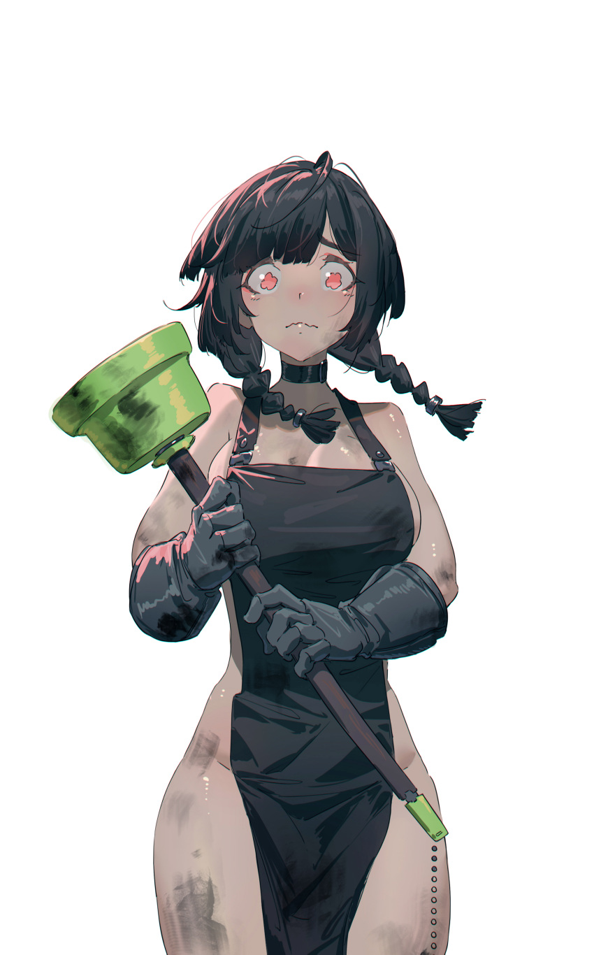 1girl, absurdres, apron, black_apron, black_choker, black_gloves, black_hair, braid, breasts, choker, commentary, cowboy_shot, dirty, gloves, hair_ornament, highres, holding_plunger, huang_(volt0526), medium_breasts, naked_apron, original, red_eyes, shiny, shiny_skin, sideboob, simple_background, solo, standing, tareme, thighs, twin_braids, wavy_mouth, white_background