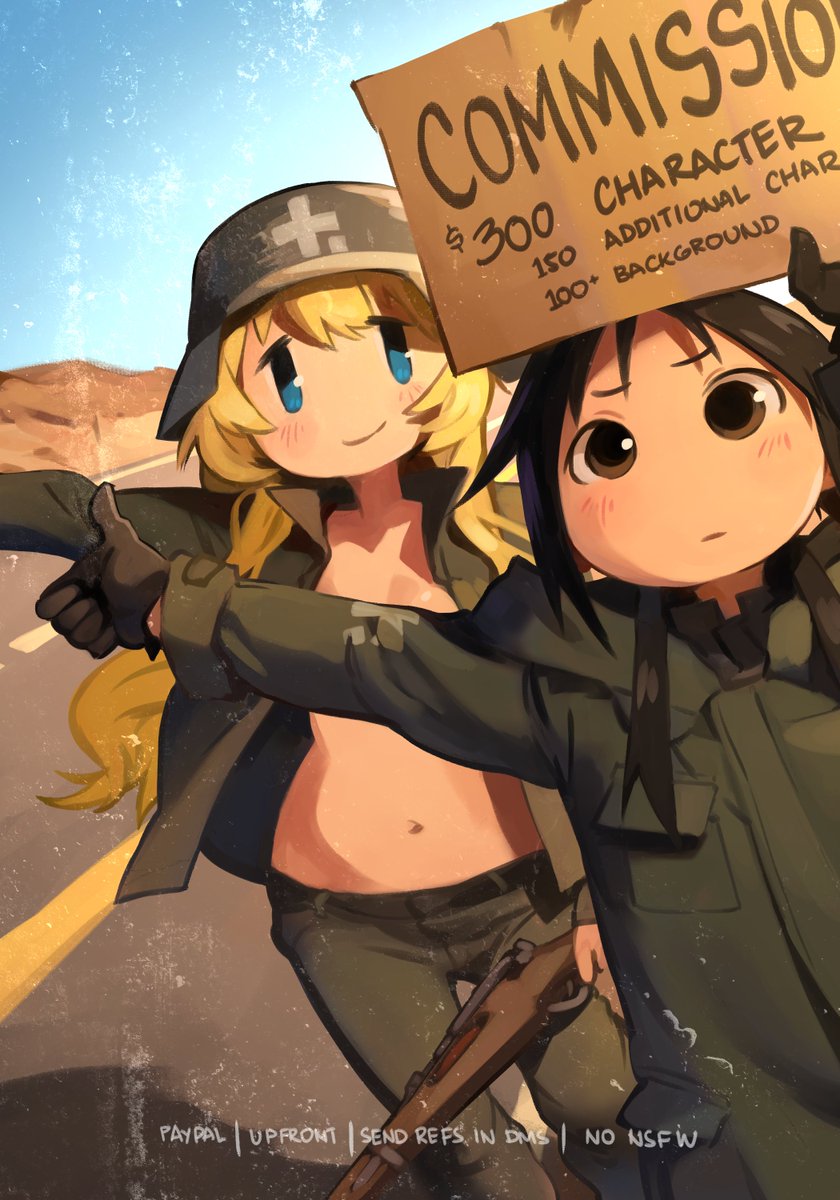 2girls, black_gloves, black_hair, blonde_hair, blue_eyes, blush, cardboard, chito_(shoujo_shuumatsu_ryokou)