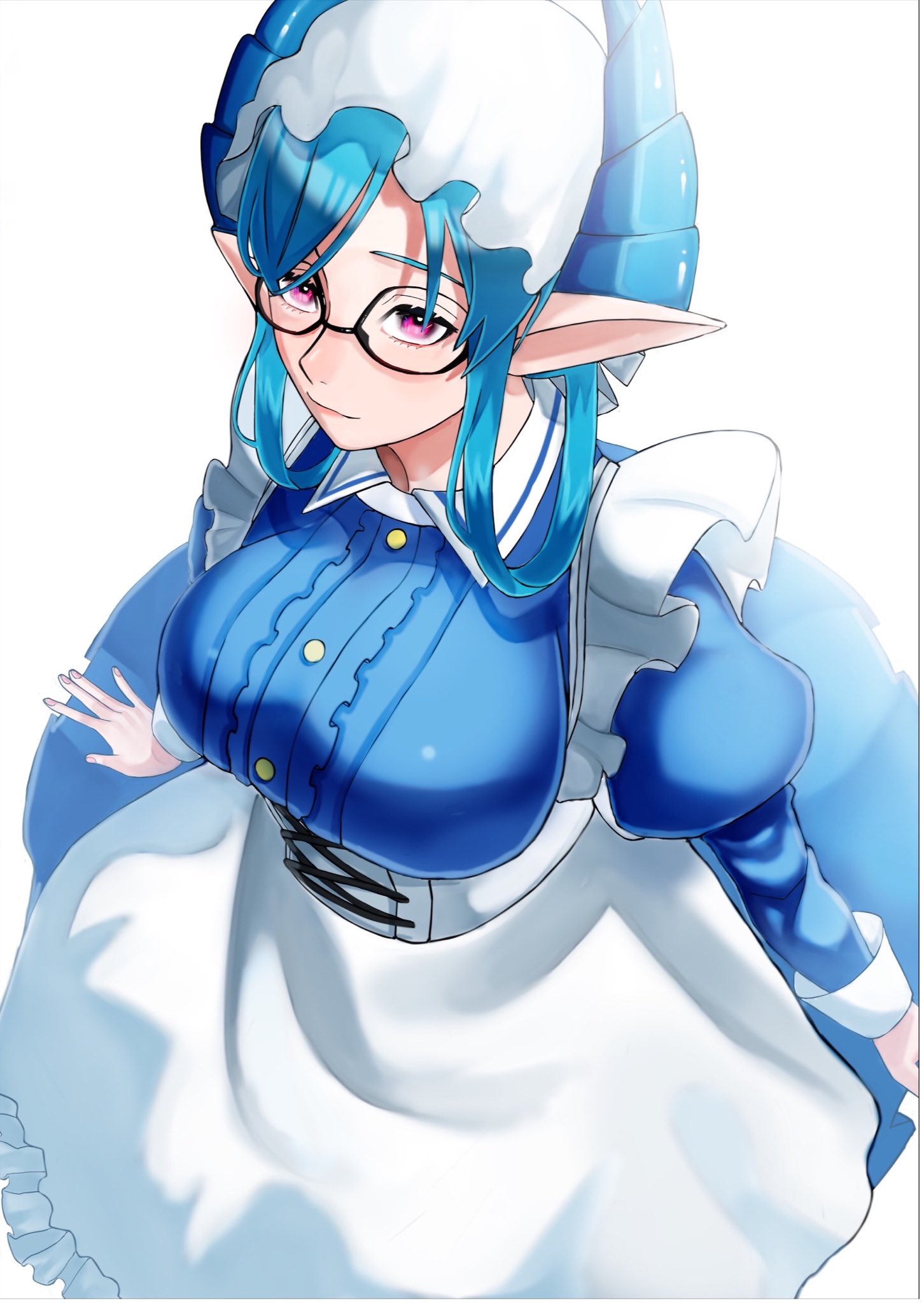 1girl, apron, blue_hair, blue_horns, breasts, collared_dress, dragon_girl, dragon_horns, feet_out_of_frame, frilled_apron, frills, glasses, hat, highres, horns, large_breasts, long_sleeves, maid, maid_headdress, melusine_(housamo), mob_cap, pink_eyes, pointy_ears, puffy_long_sleeves, puffy_sleeves, short_hair, smile, solo, tokyo_afterschool_summoners, white_background, zeroru1111