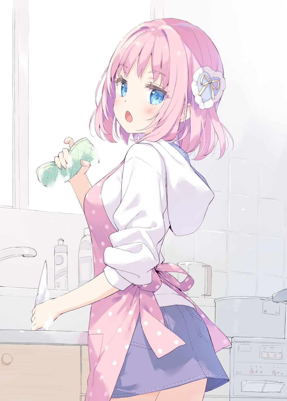 1girl, apron, bangs, blue_eyes, blue_skirt, blush, breasts, cowboy_shot