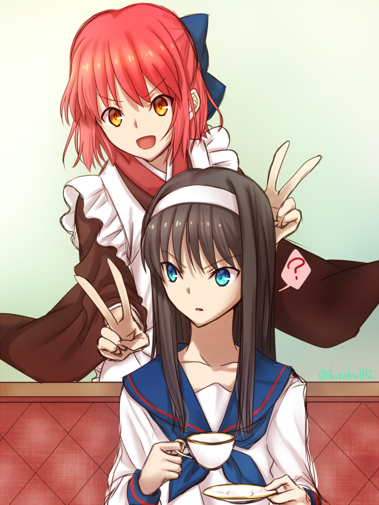 2girls, ?, apron, black_hair, blue_bow, blue_eyes, blue_neckerchief, blue_sailor_collar