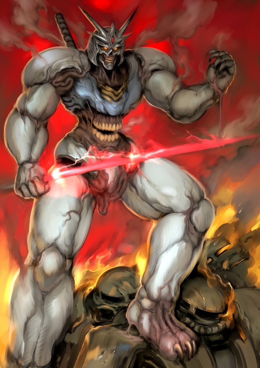 absurdres, beam_saber, clenched_hand, english_commentary, extra_mouth, glowing, glowing_eyes, gundam