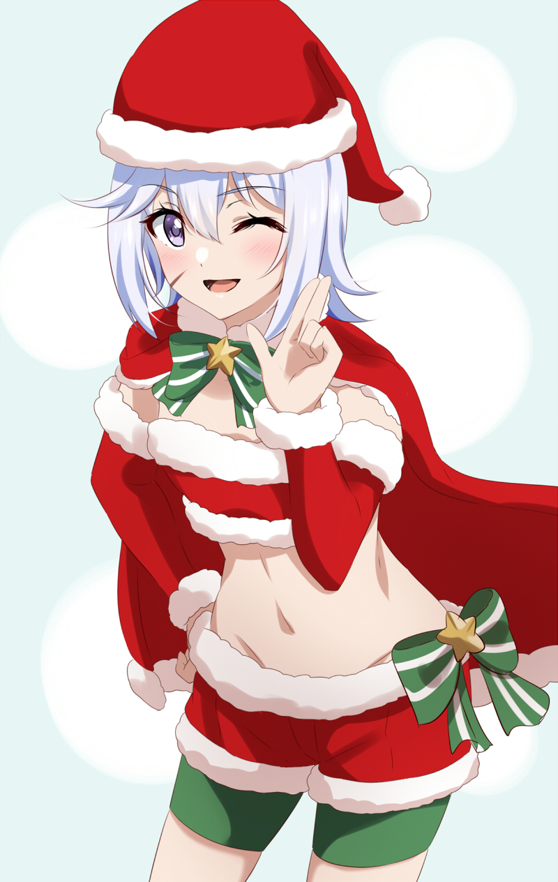 1girl, ;d, bangs, bike_shorts, blush, bow, bowtie, cape, chris_(konosuba), cowboy_shot, detached_sleeves, eyebrows_visible_through_hair, fur-trimmed_bandeau, fur-trimmed_headwear, fur-trimmed_shorts, fur-trimmed_sleeves, fur_trim, green_bow, green_bowtie, green_shorts, groin, hair_between_eyes, hand_on_hip, hat, highres, kono_subarashii_sekai_ni_shukufuku_wo!, lieass, long_sleeves, looking_at_viewer, midriff, navel, one_eye_closed, open_mouth, red_bandeau, red_cape, red_headwear, red_shorts, red_sleeves, santa_costume, santa_hat, scar, scar_on_cheek, scar_on_face, shiny, shiny_hair, short_hair, short_shorts, shorts, shorts_under_shorts, silver_hair, smile, solo, standing, stomach, striped, striped_bow, striped_bowtie, violet_eyes