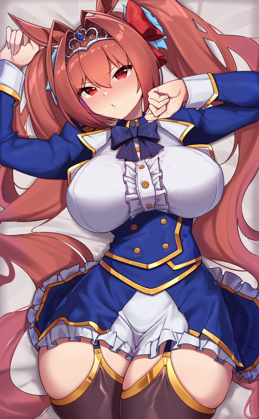 1girl, absurdres, animal_ears, black_legwear, blush, bow, bowtie, breasts