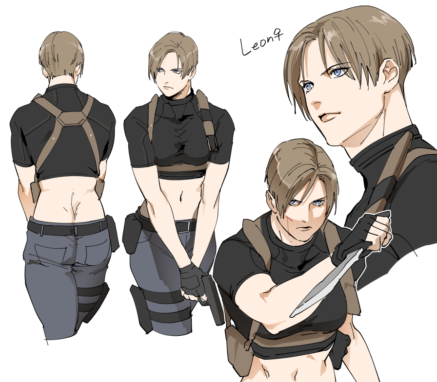 1girl, blood, breasts, brown_hair, closed_mouth, fingerless_gloves, genderswap, genderswap_(mtf)