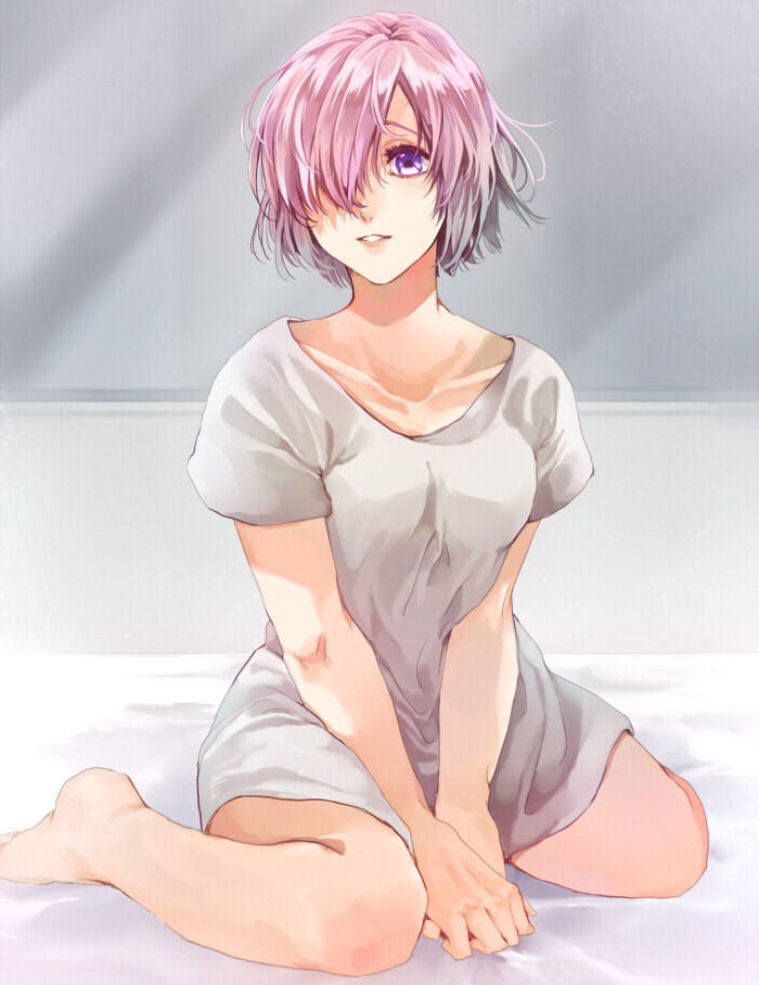 1girl, barefoot, fate_(series), mash_kyrielight, naked_shirt, one_eye_covered, pink_hair, shirt