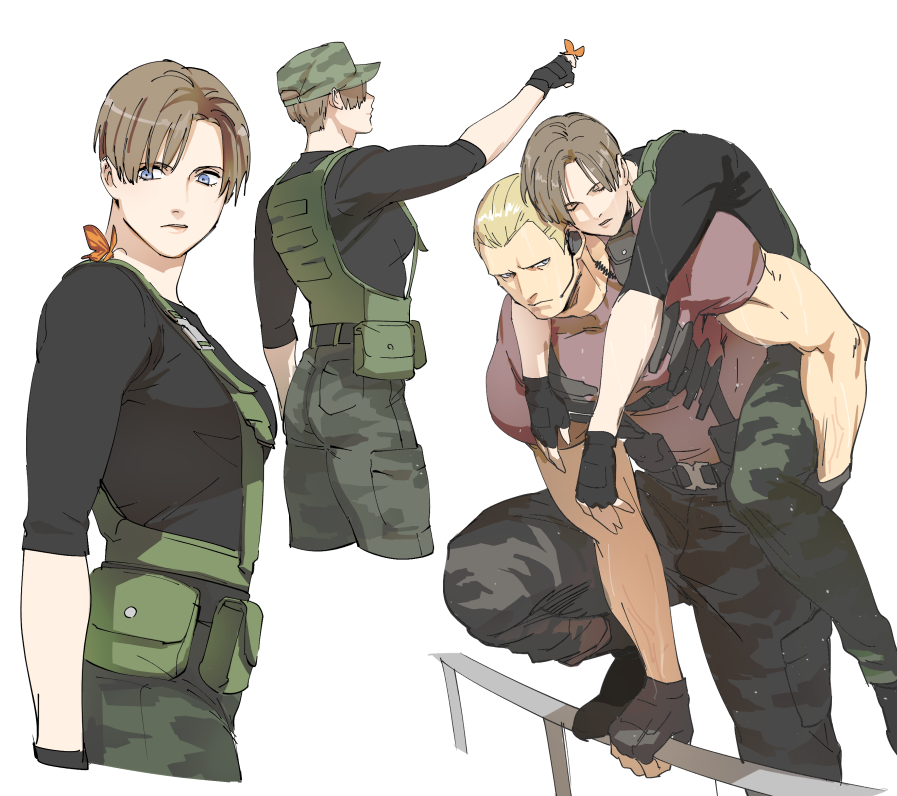 1boy, 1girl, blonde_hair, brown_hair, bug, butterfly, camouflage, camouflage_pants