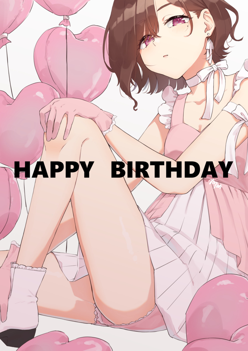 1girl, balloon, bare_legs, boots, brown_hair, commentary_request, dress, earrings