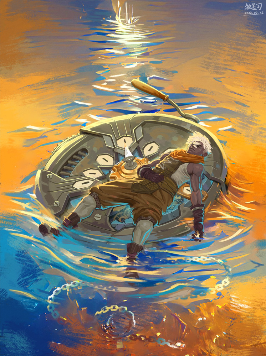 1boy, arcane:_league_of_legends, bangs, black_gloves, blue_background, boots, brown_footwear, brown_pants