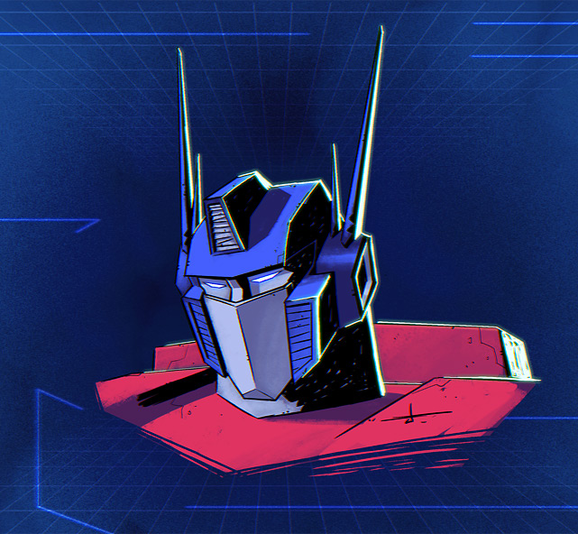 1boy, autobot, blue_eyes, english_commentary, glowing, glowing_eyes, josh_(jcburcham), looking_down