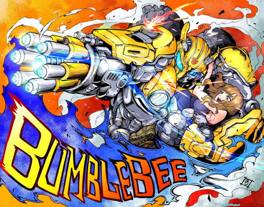 1boy, 1girl, animification, arm_cannon, autobot, bangs, blue_eyes, blush