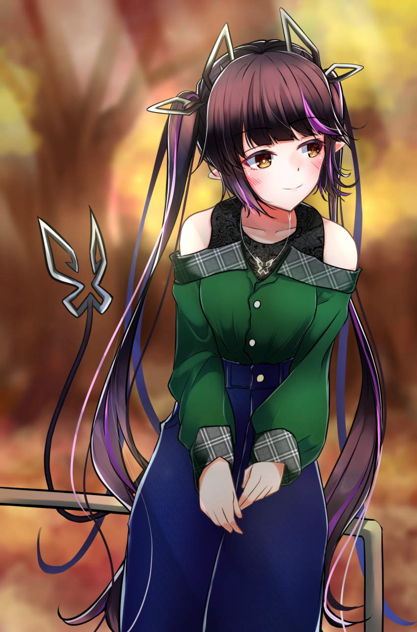 1girl, alternate_costume, bangs, black_hair, black_shirt, blue_pants, blunt_bangs, blurry