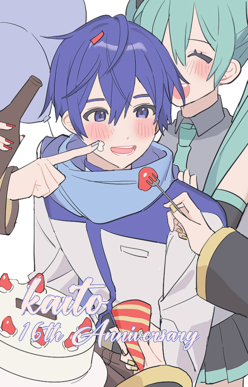 :d, blue_eyes, blue_hair, cake, coat, food, food_on_face, fruit