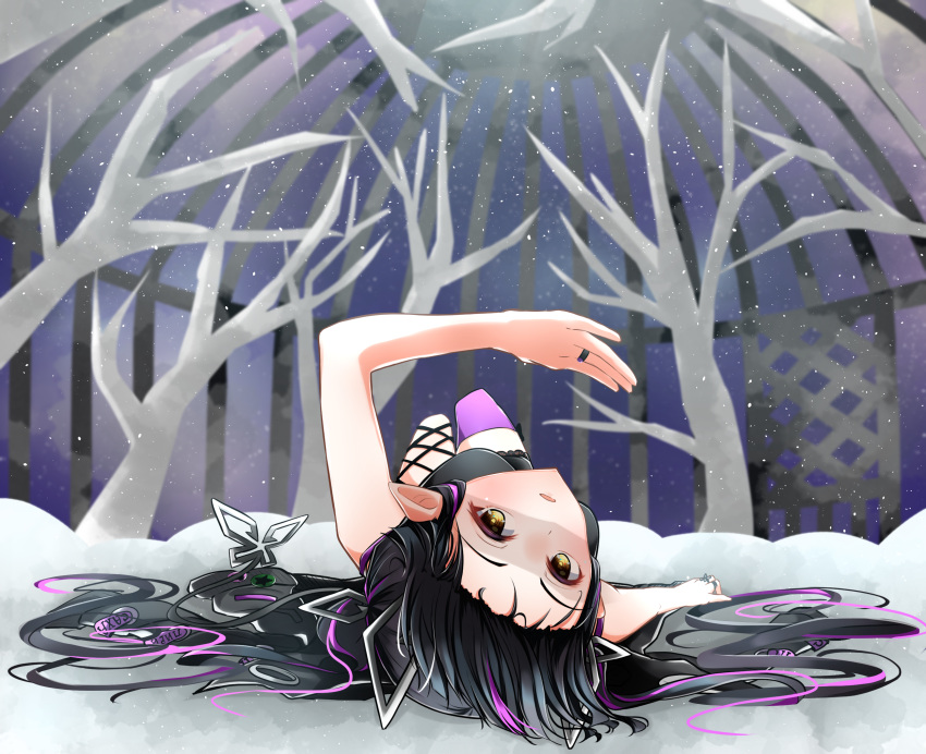 1girl, black_hair, black_ribbon, black_shirt, blush, breasts, cage, commentary_request