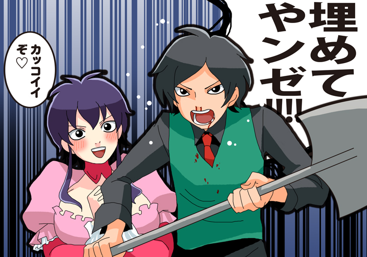 81diver, black_eyes, black_hair, black_shirt, bleeding, blood, blush, breasts