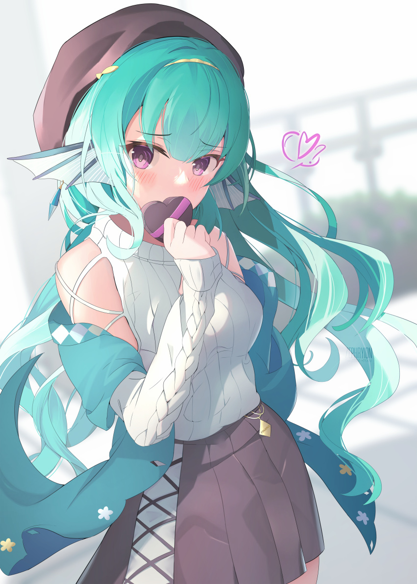 1girl, absurdres, aqua_hair, bangs, blush, bush, candy, chocolate