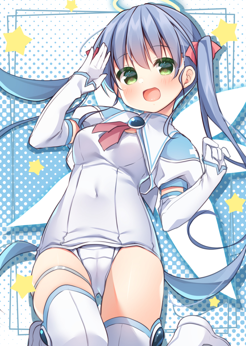 1girl, :d, bangs, blue_hair, blush, boots, breasts, covered_navel